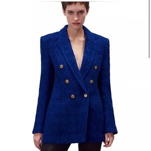 Zara Royal Blue Tweed Blazer Six Gold Buttons - Cobalt Blue